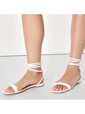 Lulu's- White ‘Esaly’ Ankle-Wrap Flat Sandals